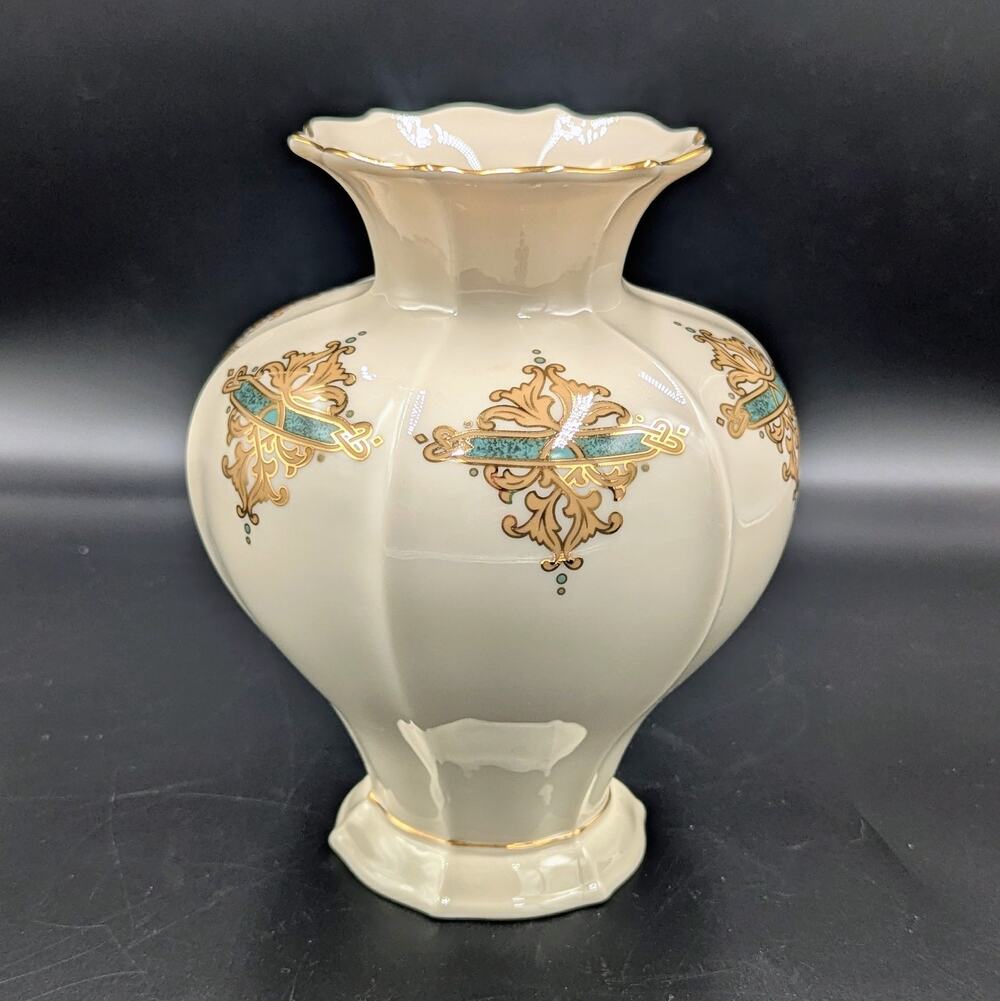 Vintage Lenox Vase Ivory Gold Teal Porcelain Made in USA